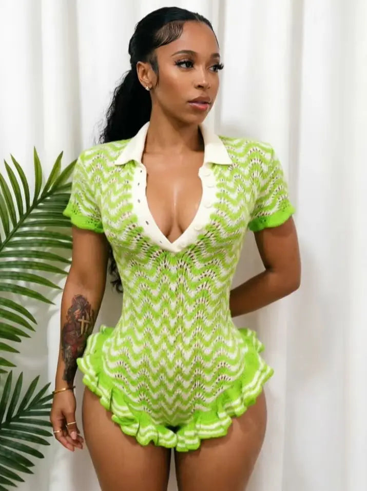 Ruffled Edge Knit Romper Women Sexy Single-Breasted Turn Down Collar Short Sleeve Fashion Trend Party Street Playsuit