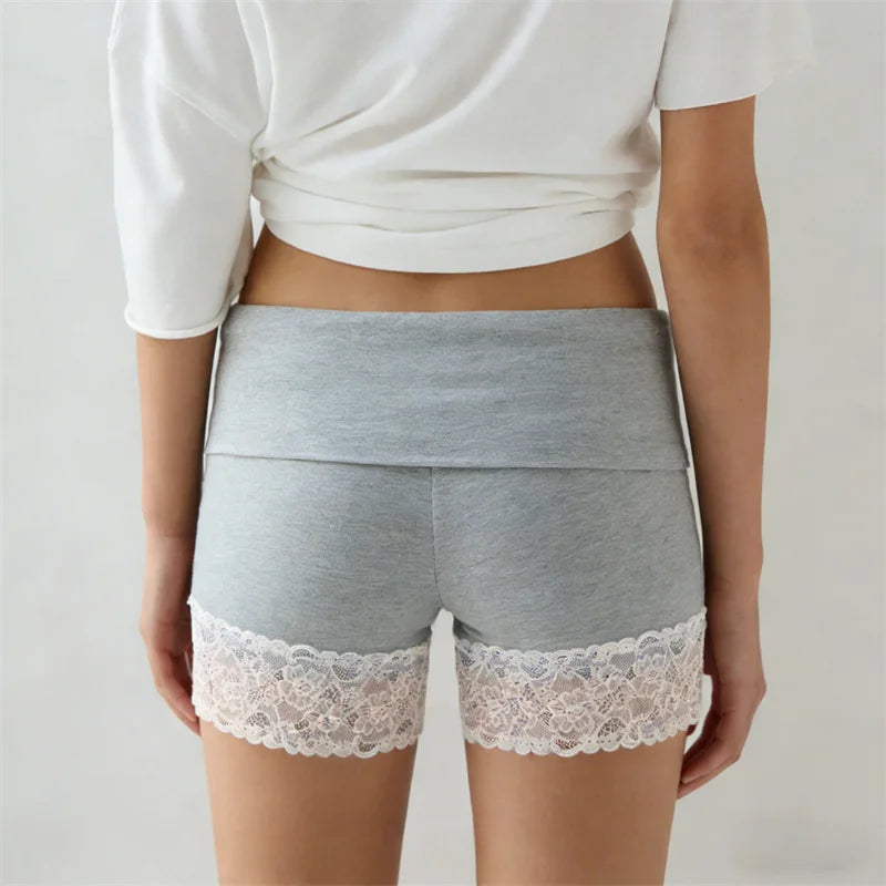Chic Y2K Style Fold Over Waist Lace Trim Biker Shorts for Women Solid Color Soft Safety Shorts Casual Daily Loungewear