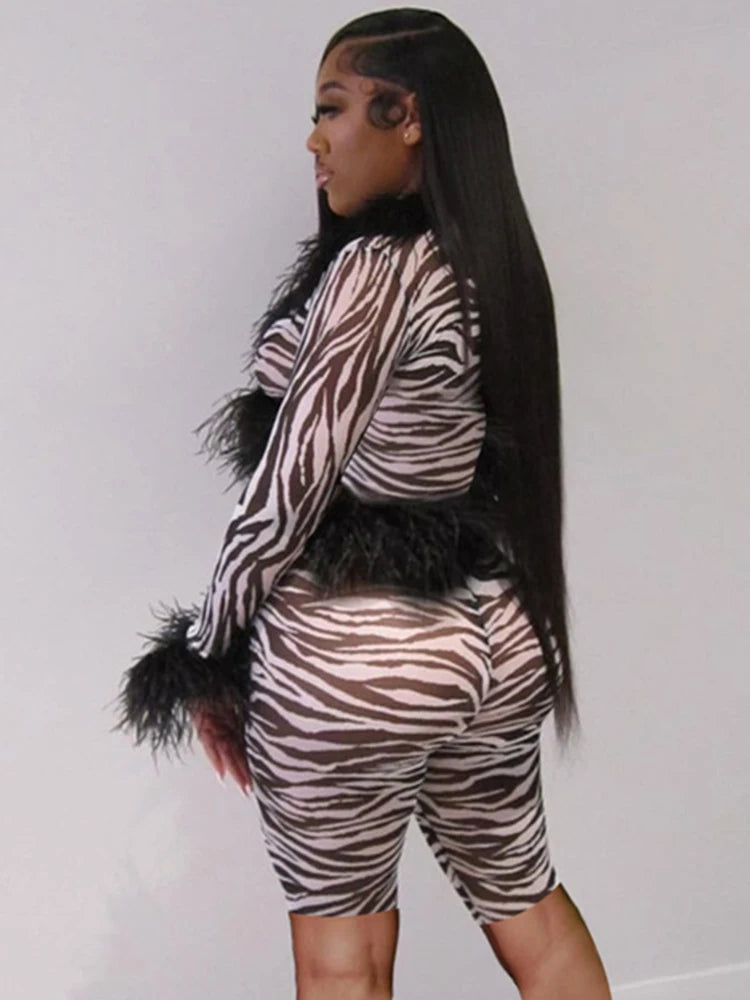 Sexy See Through 2 Piece Set Women Feather Patchwork Full Sleeve Tops++Skinny Shorts Midnight Club Party Trend Suit