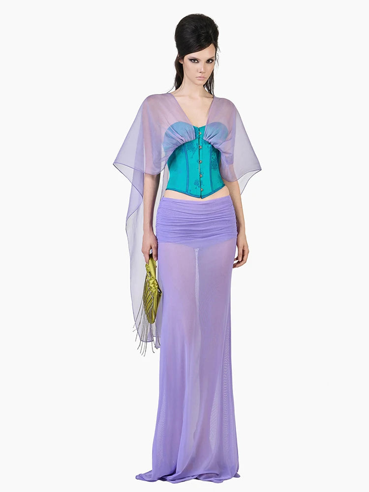 Sweet 2-Piece Set Women Patchwork Tassel Single-Breasted Line Decoration Tank Top+Folds See Through Skirt Chic Suit