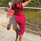 Sexy Women Red Polka Dot Off Shoulder Bodycon Midi Dress Elegant Sleeveless Knit Slim Fit Party Evening Summer Dress