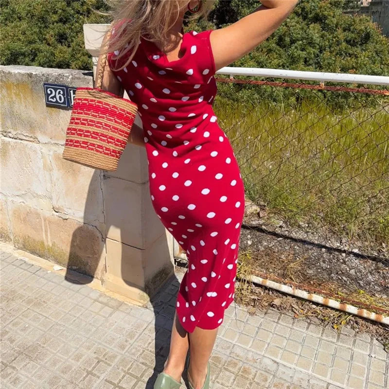 Sexy Women Red Polka Dot Off Shoulder Bodycon Midi Dress Elegant Sleeveless Knit Slim Fit Party Evening Summer Dress