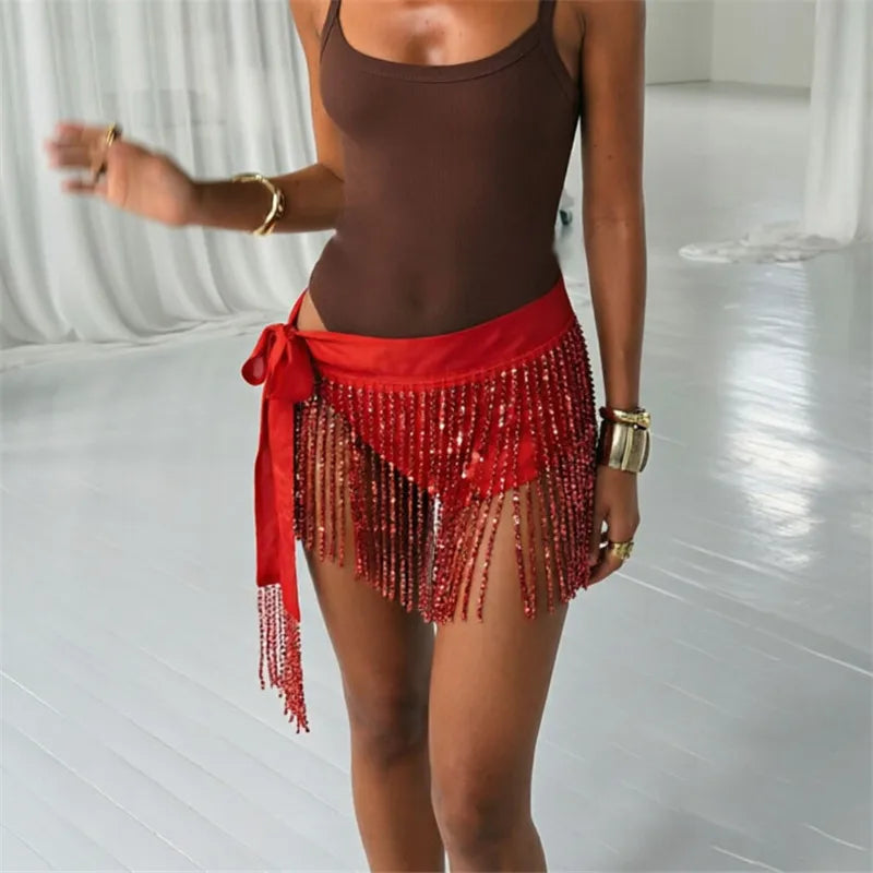 Women Festival Beaded Fringe Wrap Skirt Tie Waist Sparkly Tassel Mini Skirt Beach Swimsuit Cover Up Belly Dance Skirt