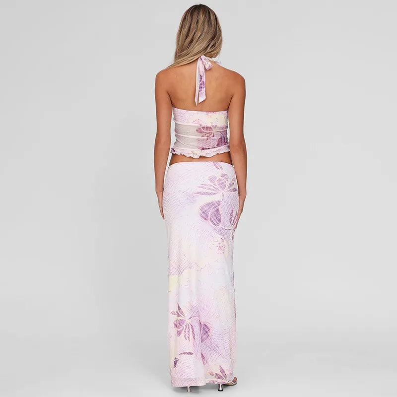 Purple Floral Sexy Two Piece Set Mesh Halter Top Long Skirts Summer Co Ord Set Woman Beach Vacation Outfits