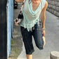 Folds Swing Collar Vest Women Tassel Solid Summer Fashion Music Festival High Street Hip-Hop Style Chic Leisure Clubwear