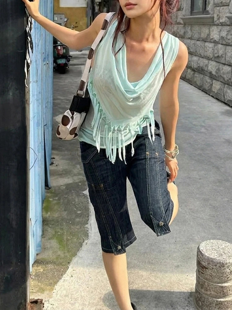 Folds Swing Collar Vest Women Tassel Solid Summer Fashion Music Festival High Street Hip-Hop Style Chic Leisure Clubwear
