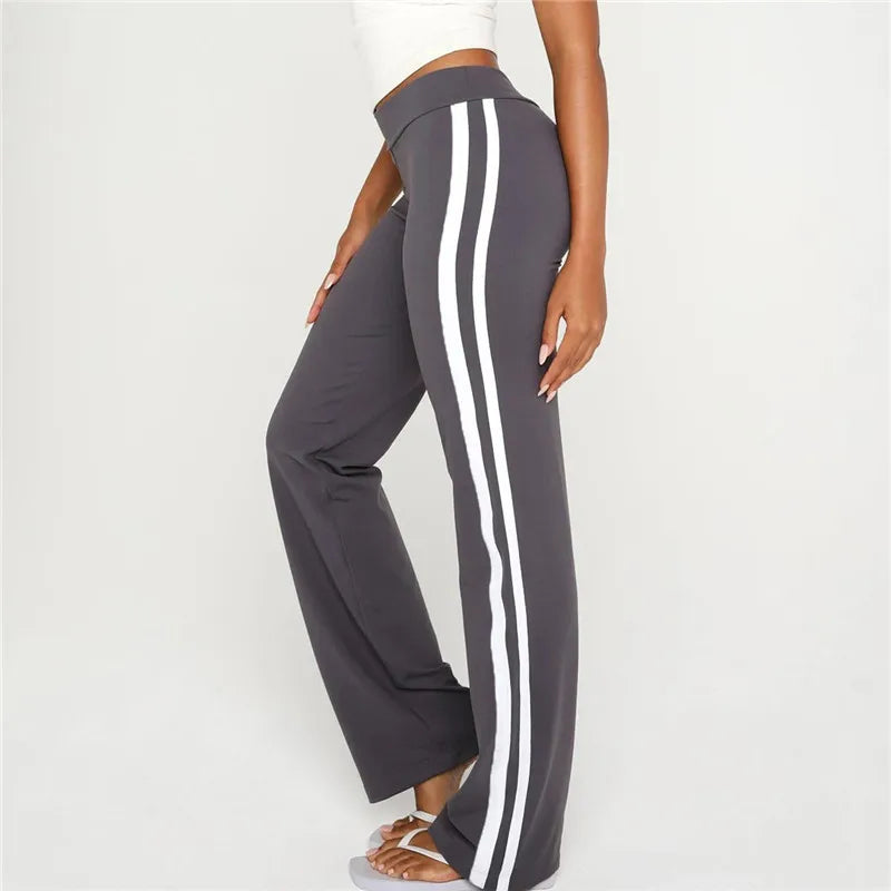 Women Side White Striped Flare Sweatpants Fold Over Waist Slim Bootcut Y2K Casual Streetwear Sports Trousers