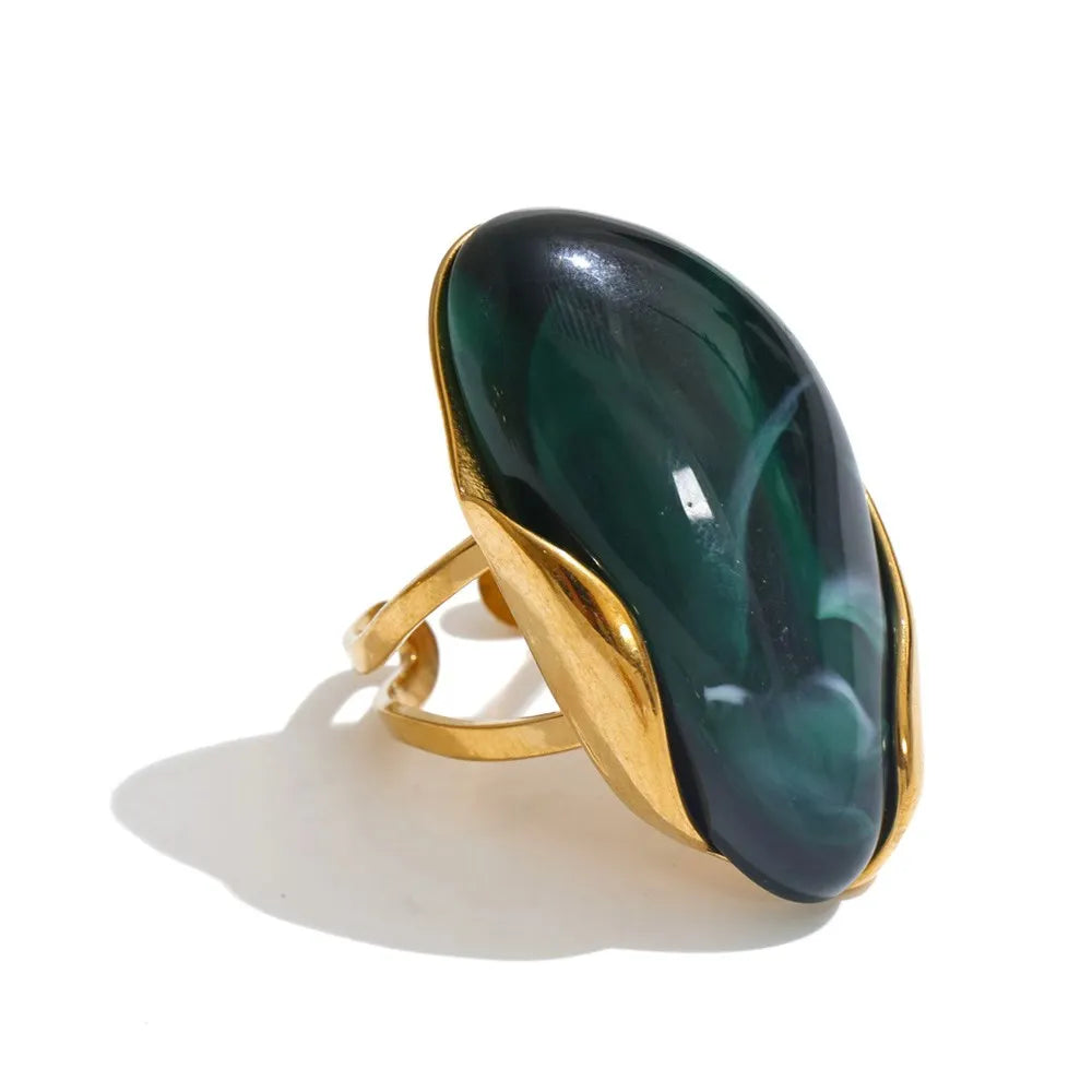 New Design Brown Green Beige Resin Geometric Adjustable Ring Golden PVD Stainless Steel Rust Proof Finger Jewelry Gift