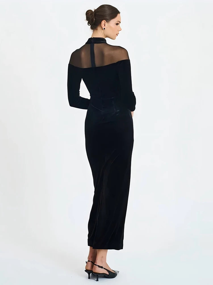 Sheer Off-shoulder Long Sleeve Sexy Maxi Dress Women Gown Elegant Half High Collar Backless Bodycon Club Party Dresses
