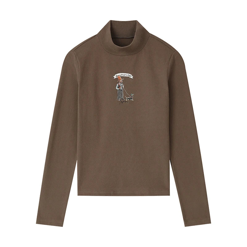 Women's Casual Graphic Long Sleeve Top with Cartoon Print, Cozy White Tee for Everyday Wear