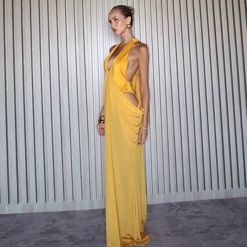 Deep V Neck Backless Maxi Dresses for Woman Sexy Elegant Mesh Patchwork Yellow Fancy Dinner Dress