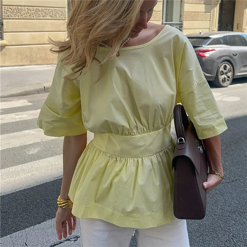 Backless Bow Tie Waist Ruffle Hem Top Women Short Sleeve Crew Neck Peplum Blouse Y2K Casual Summer Party Club Streetwear