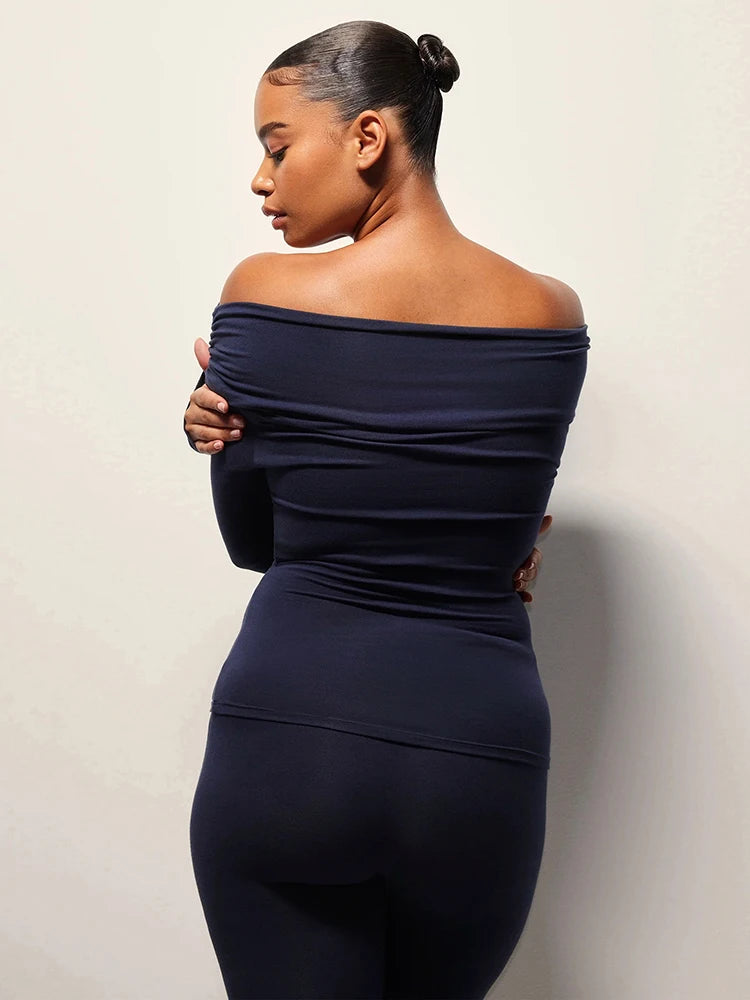 Sporty Tracksuits 2-Piece Set Women Slash Neck Crop Top+Ruched Pants Matching Simple Stretch Skinny Casual Outfits