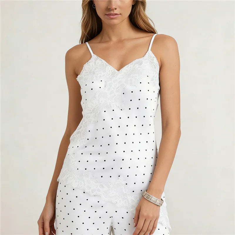 Fashion Summer Women Satin Camisole Top Y2K Polka Dot Lace Trim Spaghetti Strap V Neck Blouse Casual Streetwear