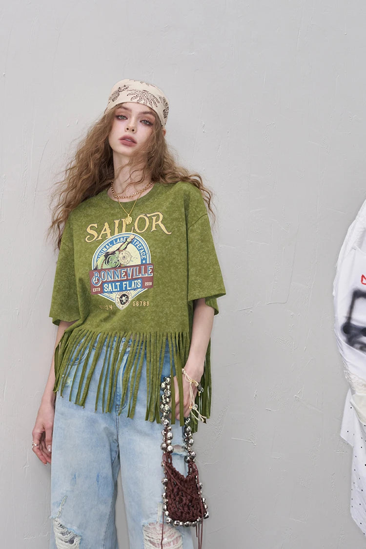 2025 Summer New Arrivals Women's Fringe Graphic Print T-Shirt Relaxed Fit Statement Tee