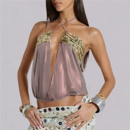 Summer Sheer Backless Tie Up Halter Camis Sequin Patchwork Split Front Crop Top Sexy Women Beach Sleeveless Shirt Vest