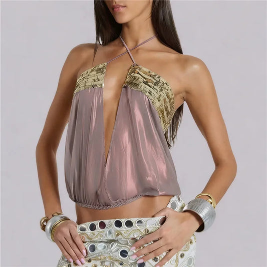 Summer Sheer Backless Tie Up Halter Camis Sequin Patchwork Split Front Crop Top Sexy Women Beach Sleeveless Shirt Vest
