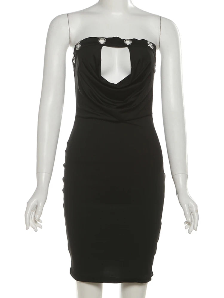 Metal Hollow Dress Women Sexy Y2K Ruched Swing Collar Skinny Midnight Coquette Party Summer Trend Streetwear Bodycon