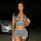 Womens Striped Shorts Set Casual Slim Fit Stylish Short Sleeve T-shirt Halter Bra and Mid Rise Shorts 3 Pcs Set Summer