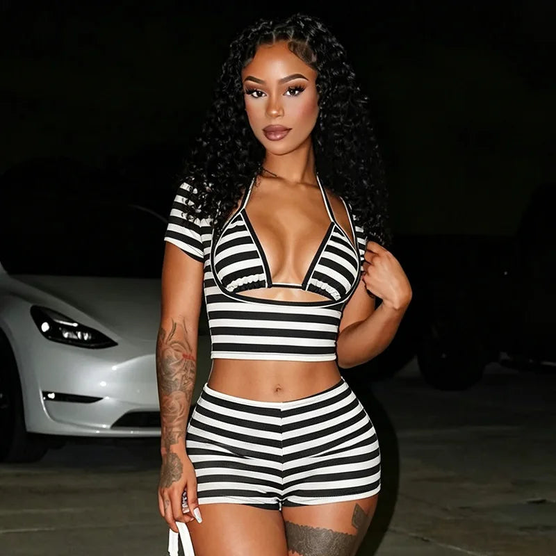 Womens Striped Shorts Set Casual Slim Fit Stylish Short Sleeve T-shirt Halter Bra and Mid Rise Shorts 3 Pcs Set Summer