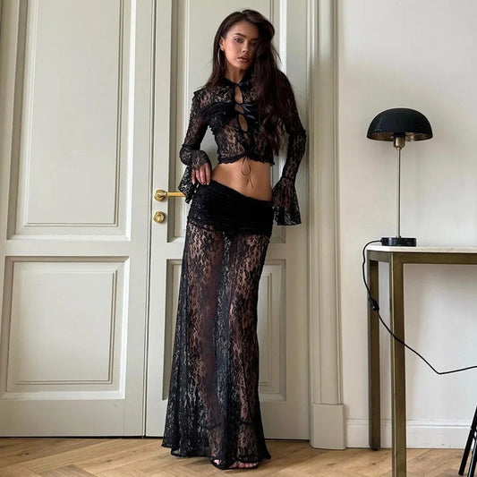 Sexy Two Pieces Set Women Outfit See Through Lace Shirts & Blouses and Maxi Skirt Matching Sets Elegant