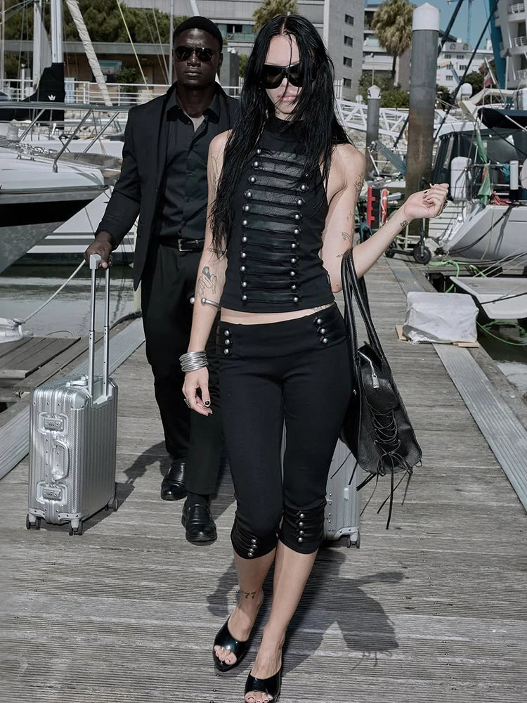 Sexy Button Faux Leather Decoration 2-Piece Set Women o-Neck Vest+Elastic Waist Classic Short Skinny Sexy Streetwear
