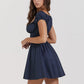 Square Collar Pleated Mini Dress For Women Navy Blue Fashion Short Sleeve Backless A-line Club Party Sexy Dress Elegant