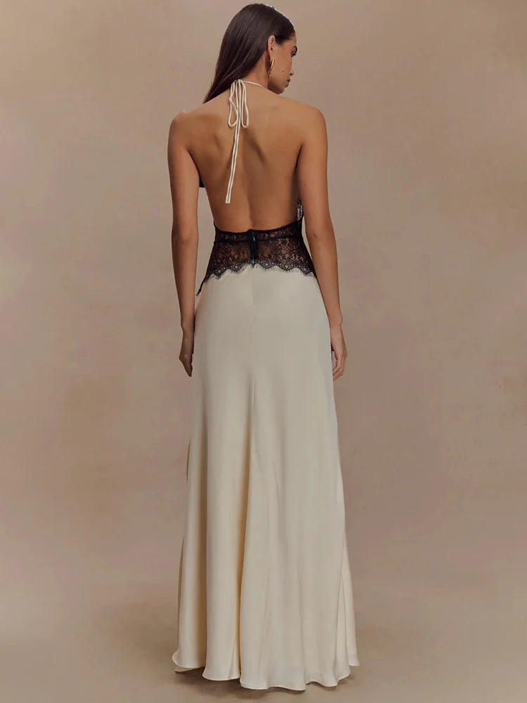 Summer Backless Sexy Maxi Dress Women Gown Patchwork Lace Halter Deep V Neck Sleeveless High Waist Elegant Long Dress