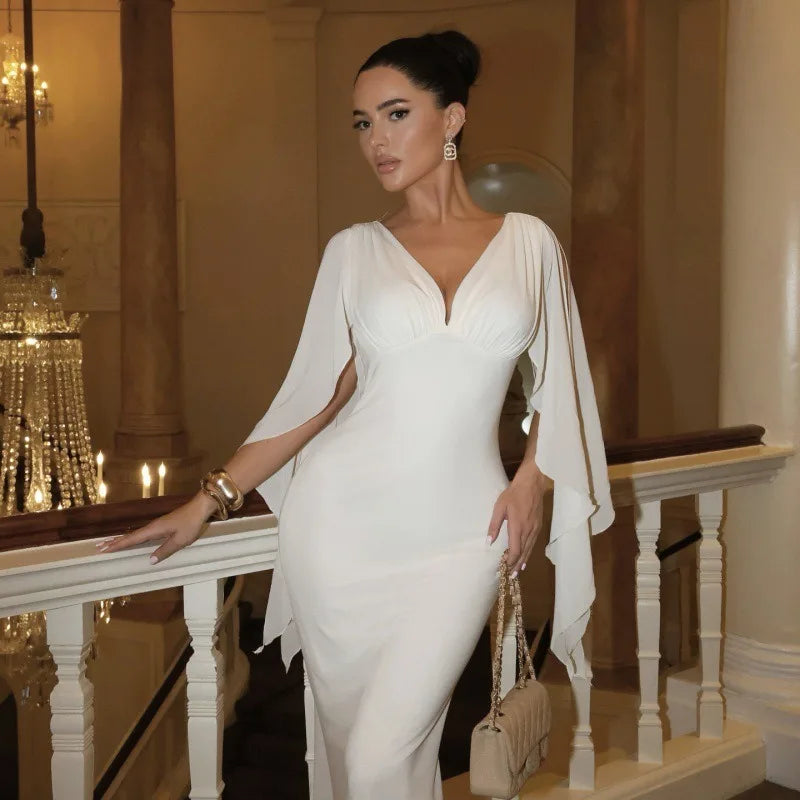 V-neck Floor-length Evening Gown with Mesh Flowing Cape Sleeves White Black Elegant Maxi Dresses Wedding