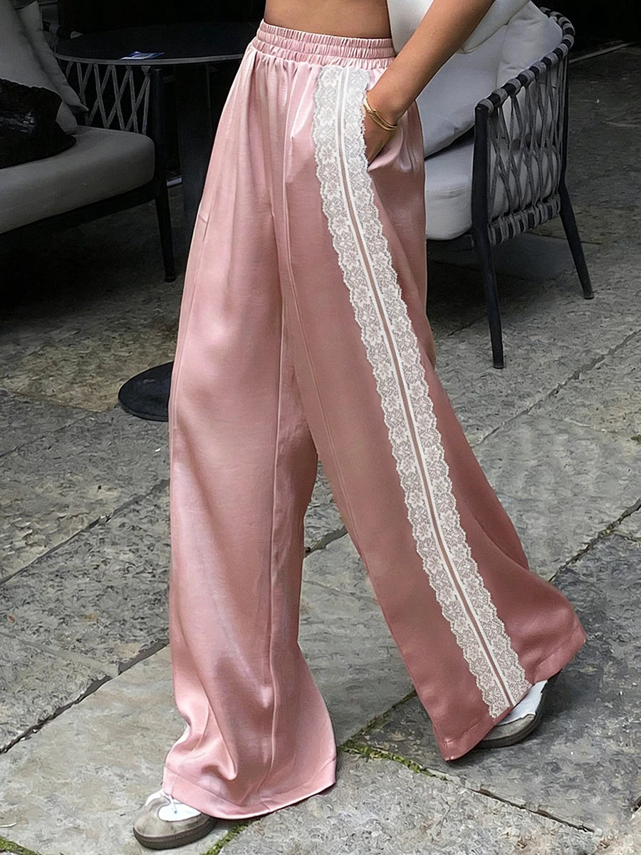 Women Satin Silk Lace Trim Pants Y2k High Street Elastic Waist Wide Leg Pj Lounge Boxer Bottoms Trendy Causal Trousers