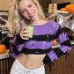 Y2K Punk Distressed Striped Crop Knit Sweater Women Cross Lace Up Side Long Sleeve Ripped Hole Gothic Streetwear Top