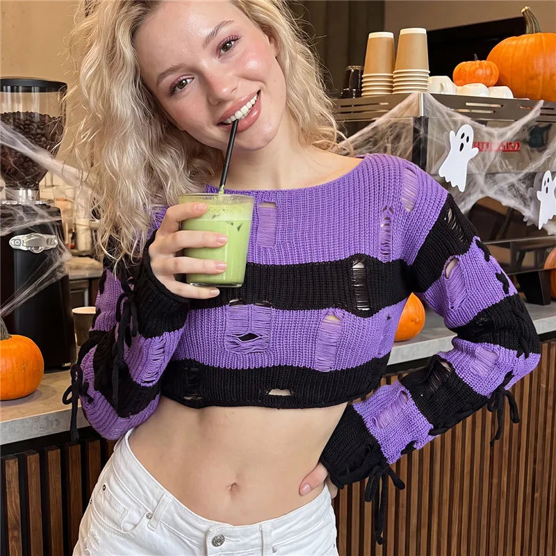 Y2K Punk Distressed Striped Crop Knit Sweater Women Cross Lace Up Side Long Sleeve Ripped Hole Gothic Streetwear Top