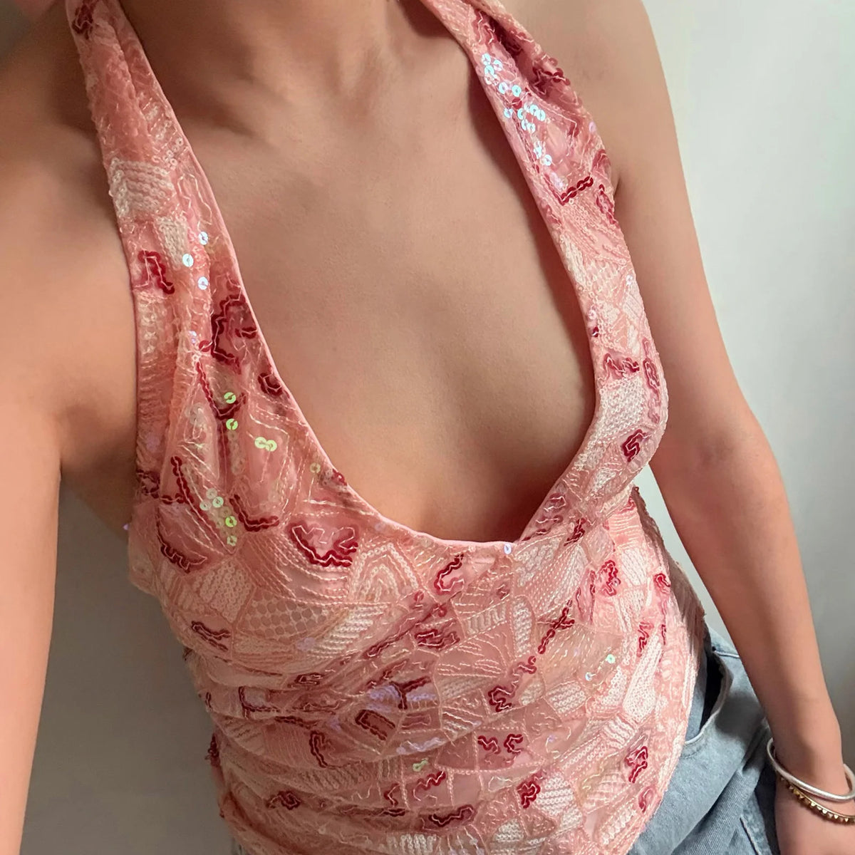 Y2k Woman Sexy Colorful Sequin Tank Tops Sleeveless Halter Neck Crop Vest V Neck Backless Cami Tops Streetwear