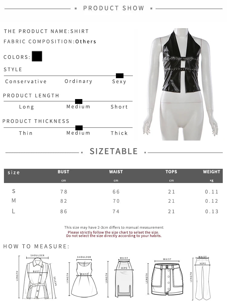 Fashion Rivet Decoration PU 2 Piece Set Woman Halter Open Collar Zipper Backless Tank Tops+Skinny Shorts Street Suits