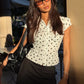 Polka Dot Short Sleeve Sexy Tops Women Cardigan Elegant Turn-down Collar Single-breasted Ruched Lace-up Club Party Top