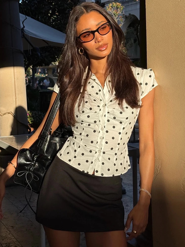 Polka Dot Short Sleeve Sexy Tops Women Cardigan Elegant Turn-down Collar Single-breasted Ruched Lace-up Club Party Top