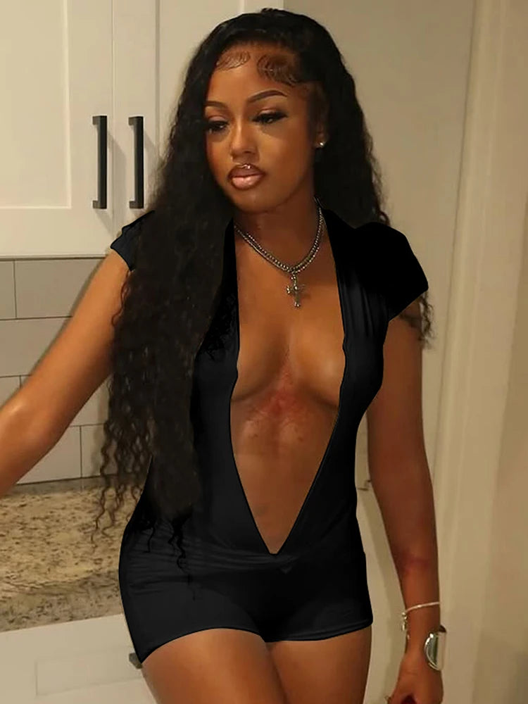 Sexy Coquette Romper Women Shorts Sleeve Deep V-Neck Patchwork Knot Ruched Sash Midnight Club Skinny Street Playsuits