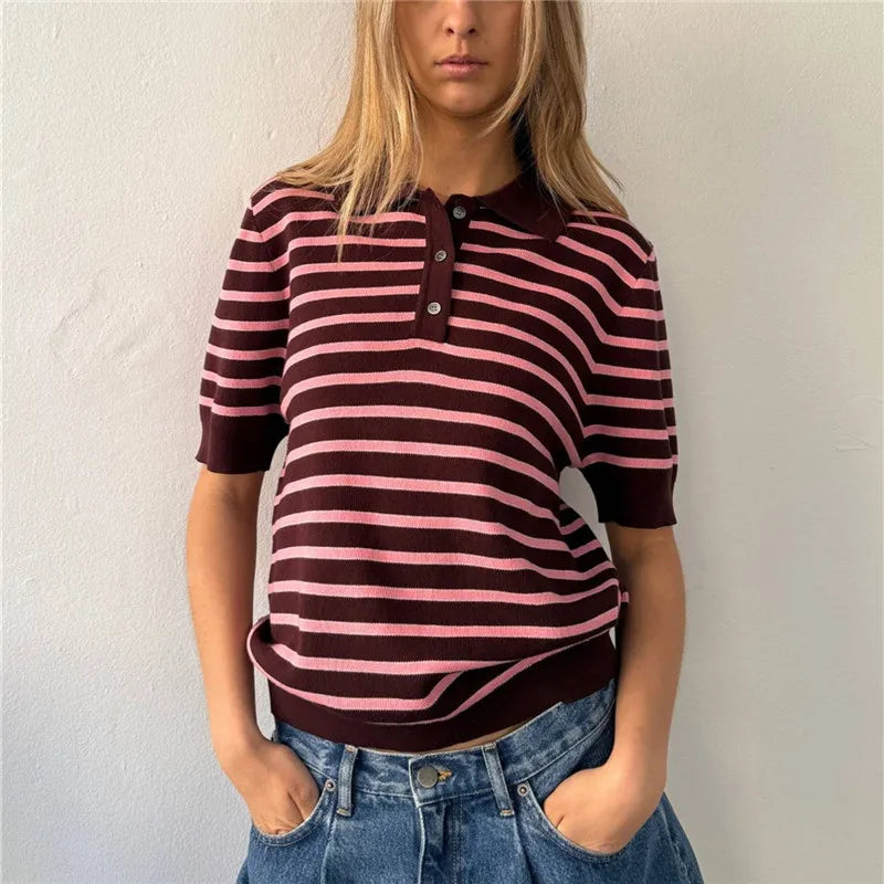 Women Summer Striped Knit Top Short Sleeve Button Casual Knitted T Shirt Vintage Contrast Stripe Basic Pullover