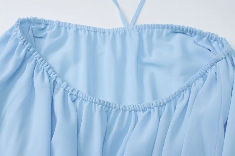 Blue Chiffon Womens Summer Dress Halter Backless Asymmetrical Short Dresses Vacation Outfits Woman Clothing
