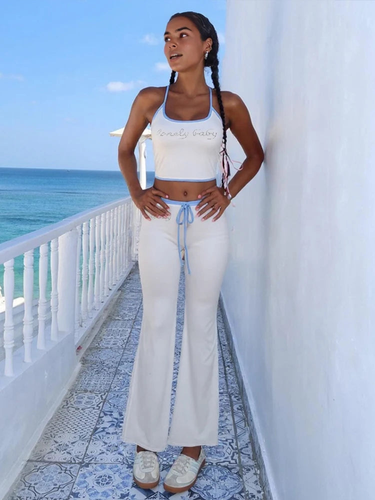 Letter Print 2 Piece Set Women Halter Bandage Crop Tops+Drawstring Stretch Flare Pants Vacation Casual Simple Suits