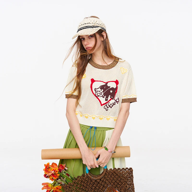 Women's Crochet Knitwear with Heart Animal Pattern, Short Sleeve Color Block Trim Top, Casual Retro Tee for Summer
