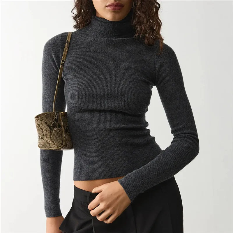 Elegant Turtleneck Rib Knit Cropped Sweater Women Long Sleeve Slim Basic Knit Top Solid Slim Short Pullover Fall Winter