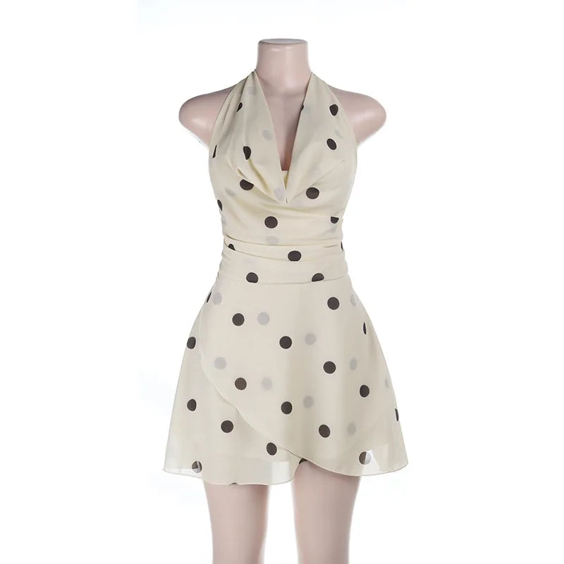 Polka Dot Print Halter Neck Open Back Mini A-line Dress French Vintage Sexy Summer Dresses 2026