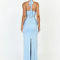 Women Halter Lace Mesh Bodycon Sexy Maxi Dress Elegant Ruched Front Split Long Dress Evening Party Club Formal Dress
