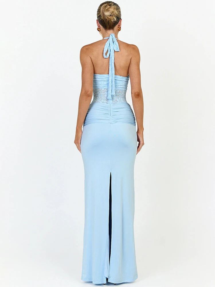 Women Halter Lace Mesh Bodycon Sexy Maxi Dress Elegant Ruched Front Split Long Dress Evening Party Club Formal Dress