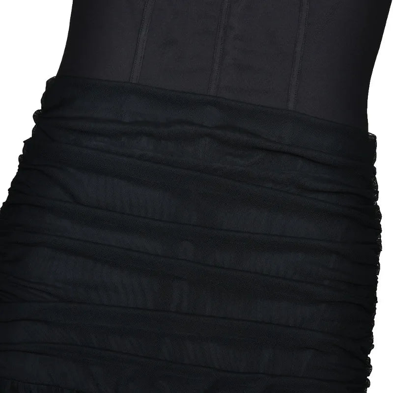 Transparent Mesh Patchwork Strapless Maxi Dress with Scarf Pink Black Elegant Party Dresses for Woman