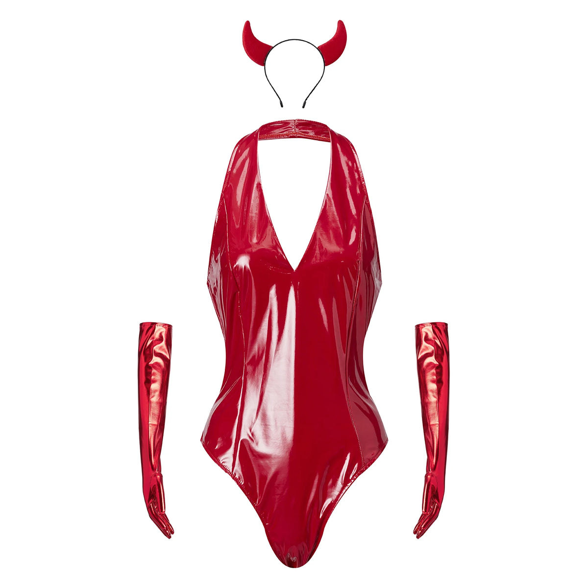 Women Devil Halloween Cosplay Costume Set Red Patent Leather Halter Bodysuit Long Metallic Gloves Devil Horn Headband