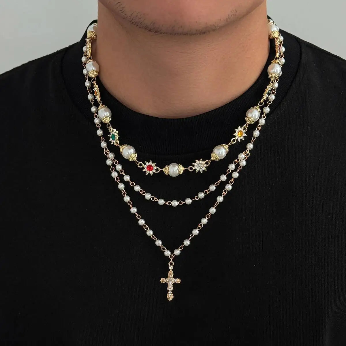 2Pcs/Set Boho Exquisite Imitation Pearl Acrylic Rhinestone Choker Necklace Trend Gold Color Cross Pendant Necklace Jewelry