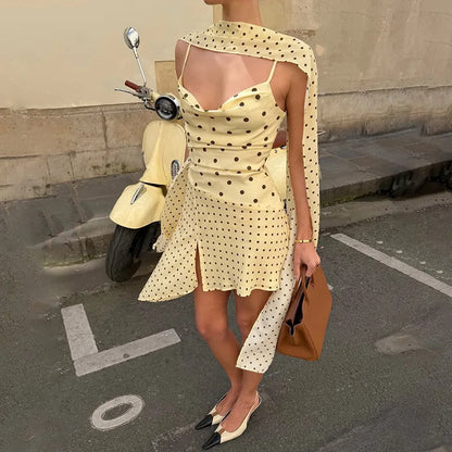 Yellow Polka Dot Summer Dresses Women's Casual Asymmetrical Sleeveless Mini Dress with Scarf
