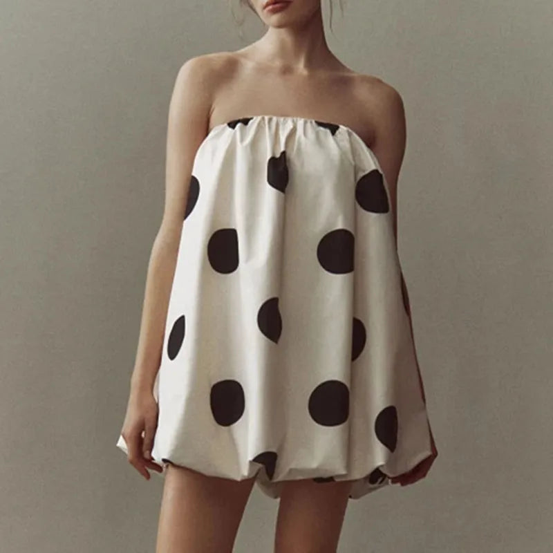 Women Polka Dot Bubble Mini Dress Strapless Flowy Short Tube Dress Off Shoulder Y2k Balloon Dress Party Beach